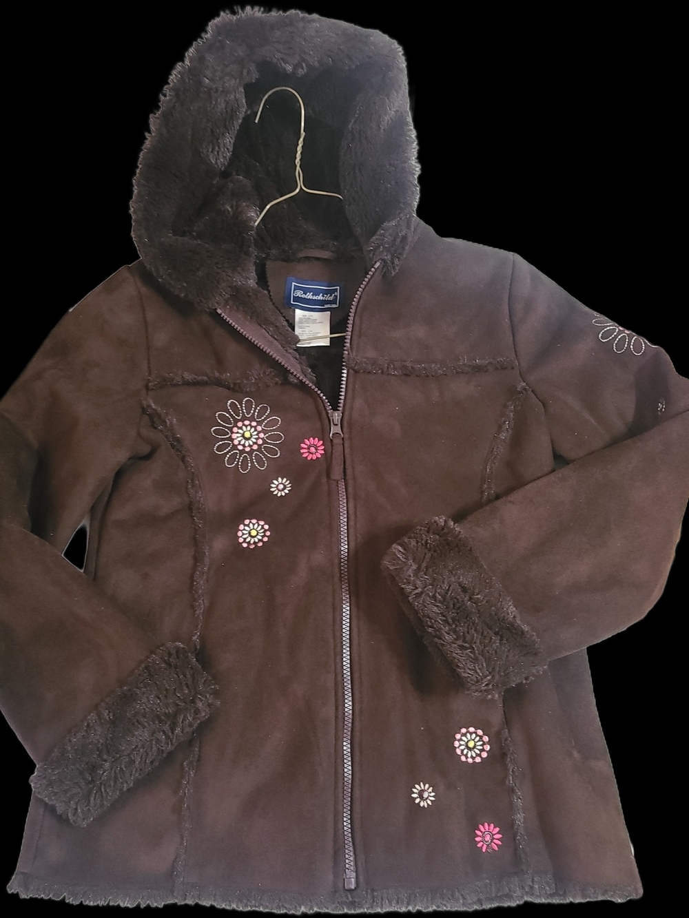 Rothschild Brown Faux-Shearling Hooded Puffer Jacket with Floral Appliqué